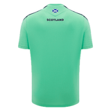 The Scotland Training Shirt 24/25 by Macron is a mint green sports jersey with black accents, featuring "Scotland" below a small Scottish flag on the upper back. Designed by Macron, this Scotland Rugby Union training shirt uses breathable mesh for optimal comfort.