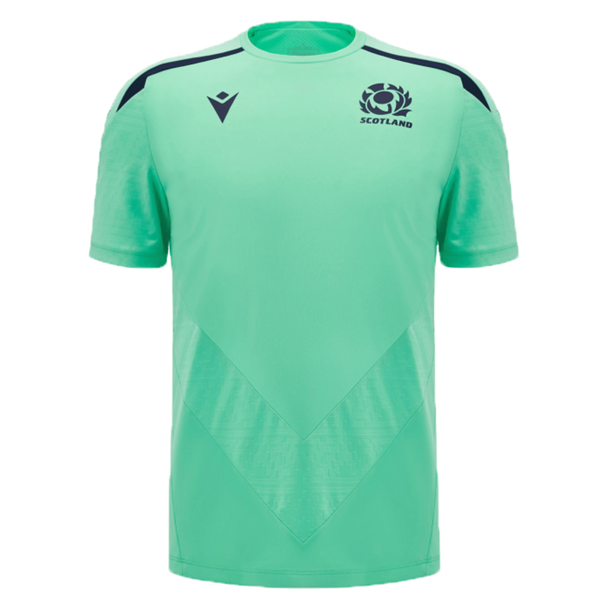 The Scotland Training Shirt 24/25 by Macron boasts a light green design with dark green accents. It features a breathable mesh material and proudly displays the Scotland rugby team emblem on the chest alongside the Macron logo.