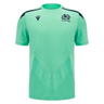 The Scotland Training Shirt 24/25 by Macron boasts a light green design with dark green accents. It features a breathable mesh material and proudly displays the Scotland rugby team emblem on the chest alongside the Macron logo.