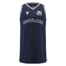 The Scotland Basketball Singlet 24/25 by Macron showcases a navy blue design adorned with a prominent white zigzag pattern and accented with white trims. The word "Scotland" is prominently featured on the chest next to a thistle logo, seamlessly blending style with national pride.