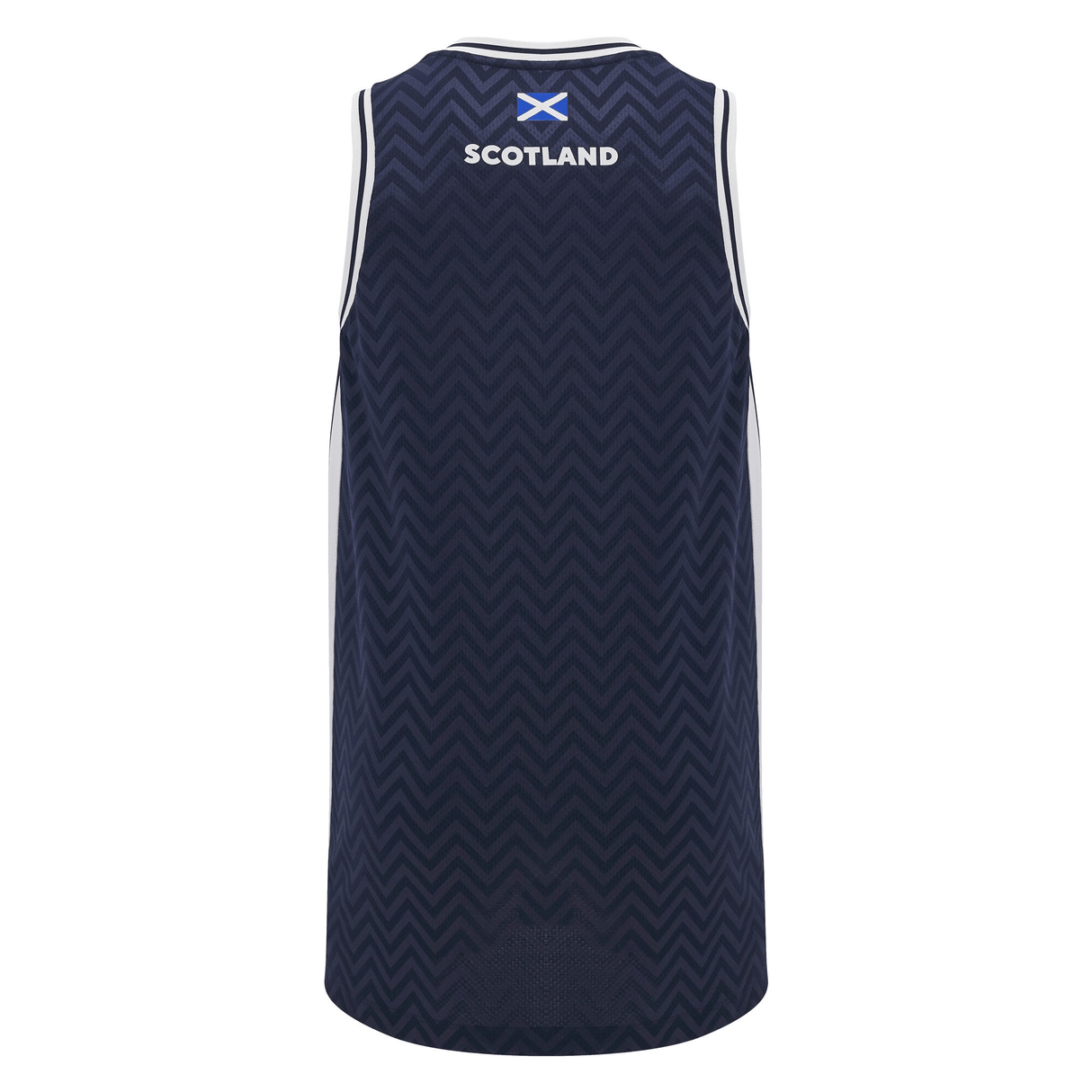 Introducing the Scotland Basketball Singlet 24/25 by Macron, a dark blue jersey with a distinctive chevron pattern and "SCOTLAND" displayed alongside a small Scottish flag on the back, ideal for the 24/25 season.