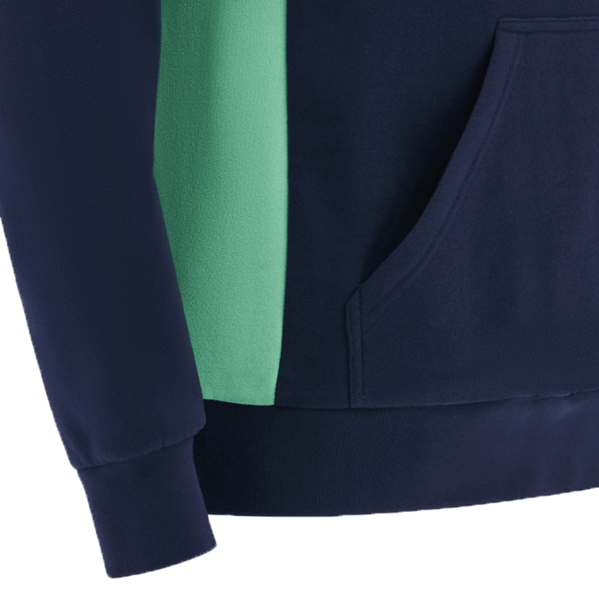 Close-up of the Scotland Travel Hoodie 24/25 by Macron in navy blue, showcasing a teal side panel and a front pocket.