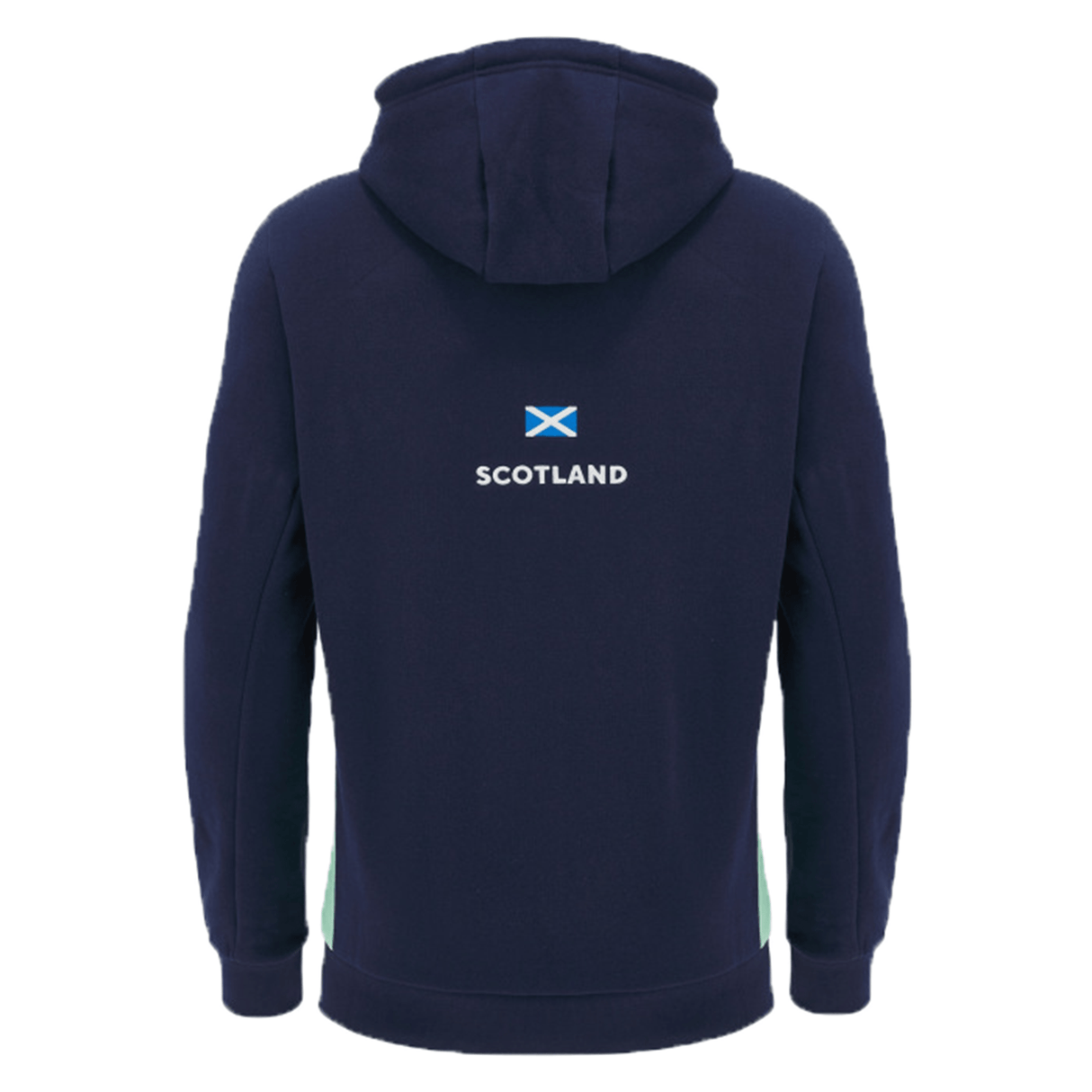 Scotland Travel Hoodie 24/25 by Macron in navy blue, featuring "Scotland" and the Scottish flag on the back. The hood is up, showcasing its simple and plain design that's perfect for Scotland Rugby Union fans. Proudly crafted by Macron.