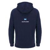 Scotland Travel Hoodie 24/25 by Macron in navy blue, featuring "Scotland" and the Scottish flag on the back. The hood is up, showcasing its simple and plain design that's perfect for Scotland Rugby Union fans. Proudly crafted by Macron.