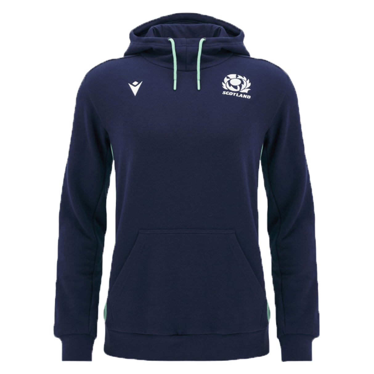 The Scotland Travel Hoodie 24/25 by Macron is a stylish navy blue garment that proudly displays a Scottish emblem and "Scotland" on the right chest, with a white Macron logo on the left chest. It also features a large front pocket, making it perfect for fans of the Scotland Rugby Union.