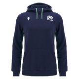 The Scotland Travel Hoodie 24/25 by Macron is a stylish navy blue garment that proudly displays a Scottish emblem and "Scotland" on the right chest, with a white Macron logo on the left chest. It also features a large front pocket, making it perfect for fans of the Scotland Rugby Union.