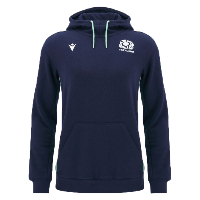 The Scotland Travel Hoodie 24/25 by Macron is a stylish navy blue garment that proudly displays a Scottish emblem and "Scotland" on the right chest, with a white Macron logo on the left chest. It also features a large front pocket, making it perfect for fans of the Scotland Rugby Union.