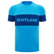 The Scotland Block Leisure Tee 24/25 by Macron is a blue shirt with a dark blue band across the chest, featuring the word "Scotland" in white capital letters, perfect for fans of Scotland Rugby Union.