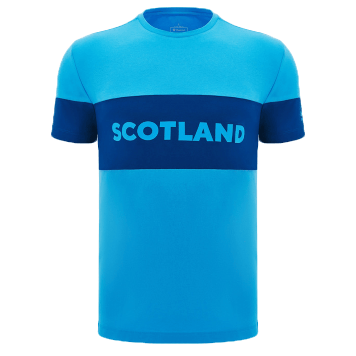 The Scotland Block Leisure Tee 24/25 by Macron is a blue shirt with a dark blue band across the chest, featuring the word "Scotland" in white capital letters, perfect for fans of Scotland Rugby Union.