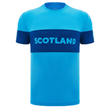 The Scotland Block Leisure Tee 24/25 by Macron is a blue shirt with a dark blue band across the chest, featuring the word "Scotland" in white capital letters, perfect for fans of Scotland Rugby Union.