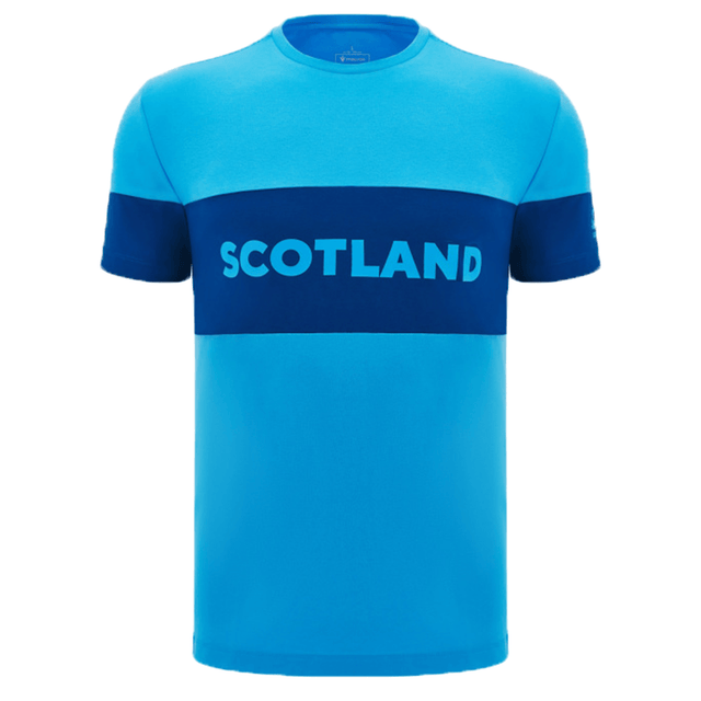 The Scotland Block Leisure Tee 24/25 by Macron is a blue shirt with a dark blue band across the chest, featuring the word "Scotland" in white capital letters, perfect for fans of Scotland Rugby Union.