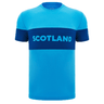 The Scotland Block Leisure Tee 24/25 by Macron is a blue shirt with a dark blue band across the chest, featuring the word "Scotland" in white capital letters, perfect for fans of Scotland Rugby Union.