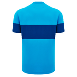Back view of the Scotland Block Leisure Tee 24/25 by Macron, featuring short sleeves and a broad horizontal dark blue stripe across the middle. Perfect for fans of Scotland Rugby Union.