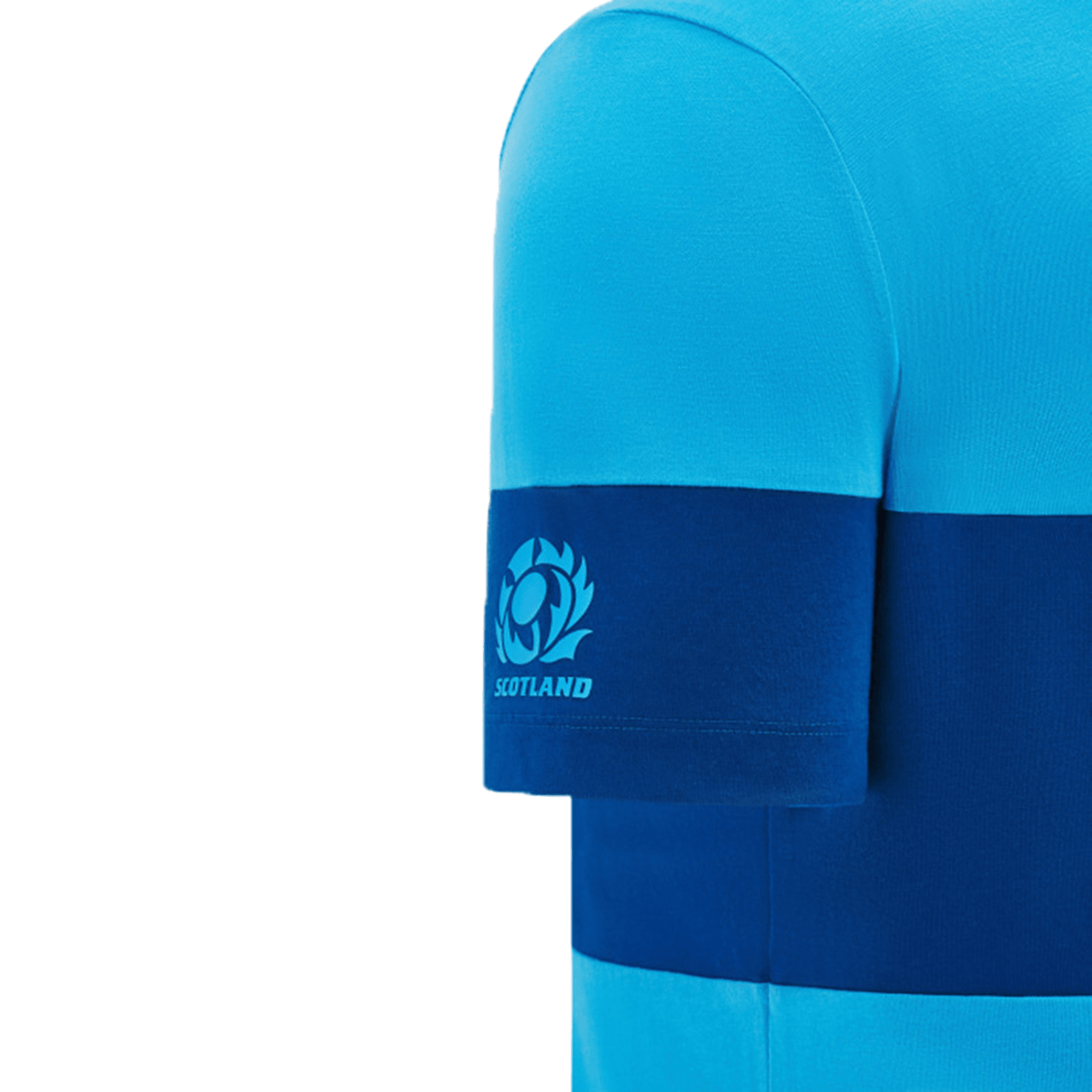 Close-up view of a Scotland Block Leisure Tee 24/25 by Macron, featuring a blue base with a dark blue horizontal stripe and the Scotland Rugby Union emblem on the sleeve.
