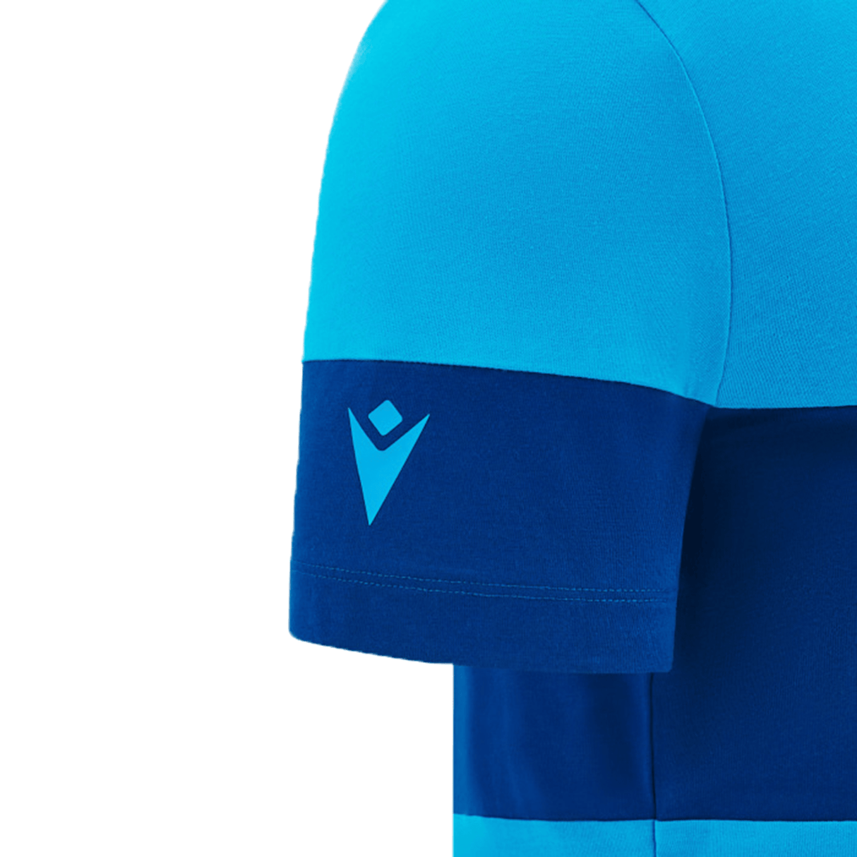 Close-up of a sleeve from the Scotland Block Leisure Tee 24/25 by Macron, showcasing an embroidered Scotland Rugby Union logo on a contrasting blue band.