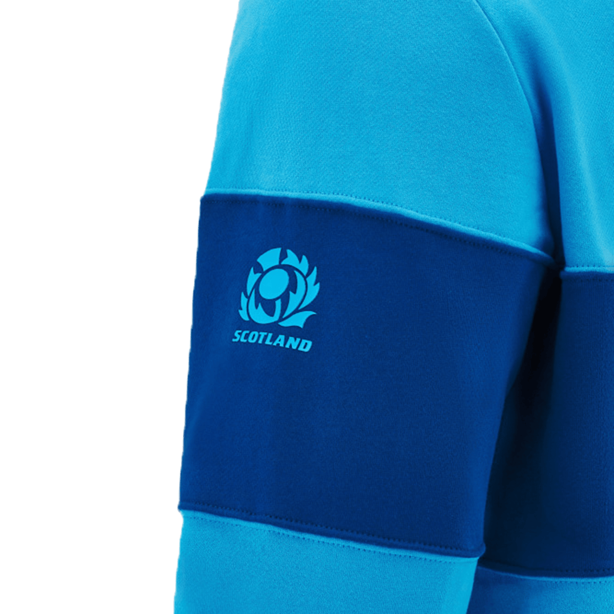 Close-up of the Scotland Block Leisure Hoodie 24/25 by Macron, featuring a blue design with the word "Scotland" and a thistle emblem on the sleeve.
