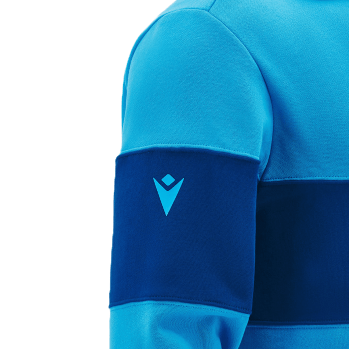 Close-up of a person wearing a blue and turquoise garment with a geometric logo on the sleeve, reminiscent of the Scotland Block Leisure Hoodie 24/25 by Macron.