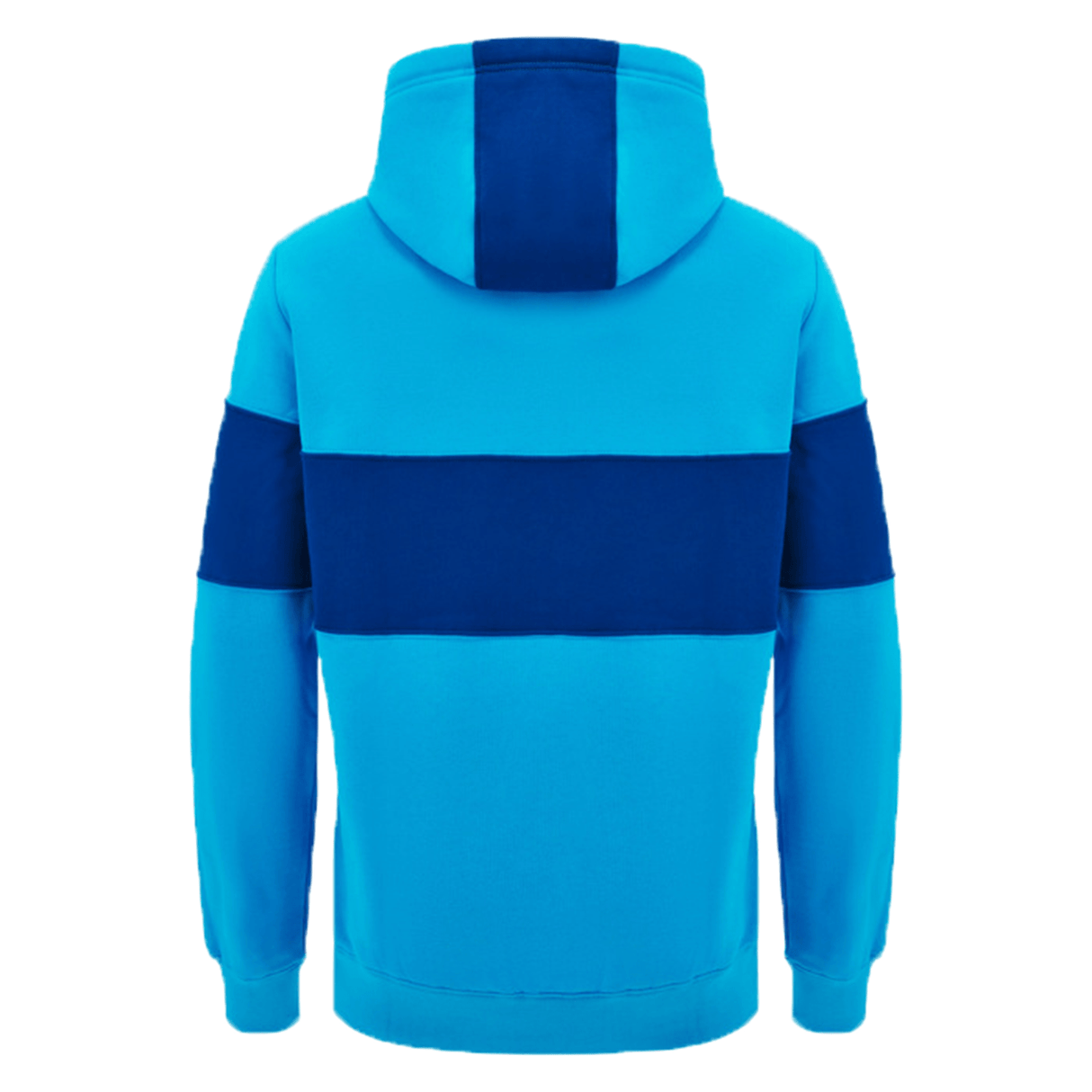 Back view of the Scotland Block Leisure Hoodie 24/25 by Macron featuring a blue design with a darker blue horizontal stripe across the torso and down the sleeves, along with a darker blue section on the hood. Crafted by Macron, this hoodie combines style and comfort effortlessly.