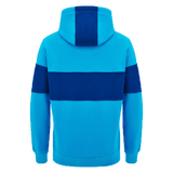 Back view of the Scotland Block Leisure Hoodie 24/25 by Macron featuring a blue design with a darker blue horizontal stripe across the torso and down the sleeves, along with a darker blue section on the hood. Crafted by Macron, this hoodie combines style and comfort effortlessly.