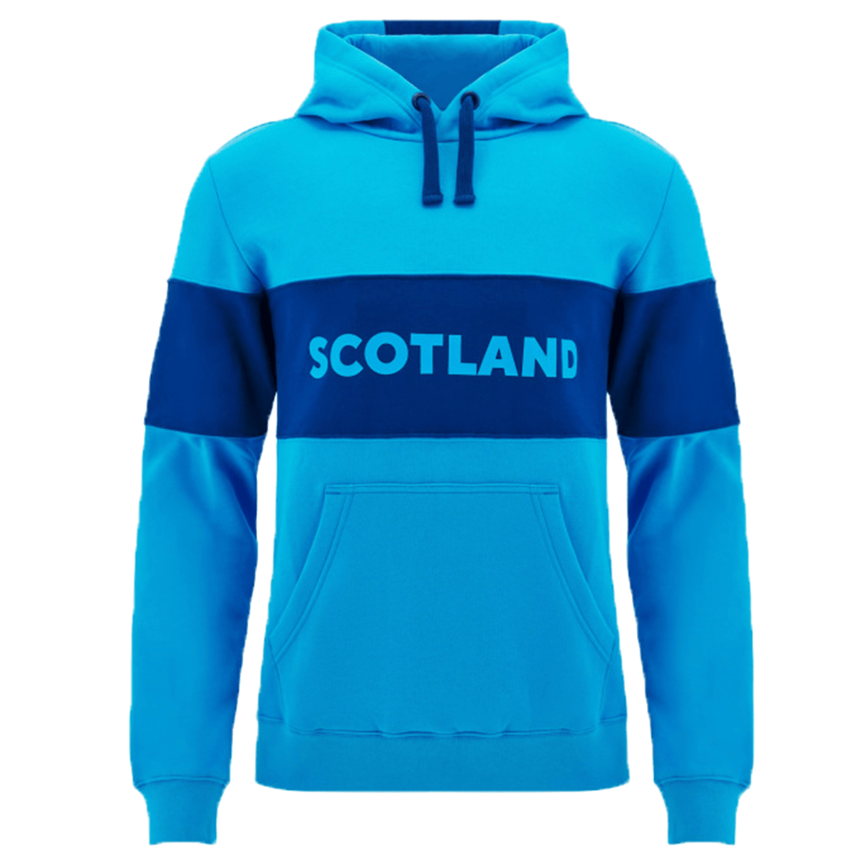 Introducing the Scotland Block Leisure Hoodie 24/25 by Macron, a vibrant bright blue hoodie featuring a dark blue horizontal stripe across the chest and sleeves. The word "SCOTLAND" stands out in white on the chest stripe. This stylish Macron hoodie comes with convenient front pockets and drawstrings, making it ideal for leisure activities.