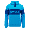 Introducing the Scotland Block Leisure Hoodie 24/25 by Macron, a vibrant bright blue hoodie featuring a dark blue horizontal stripe across the chest and sleeves. The word "SCOTLAND" stands out in white on the chest stripe. This stylish Macron hoodie comes with convenient front pockets and drawstrings, making it ideal for leisure activities.