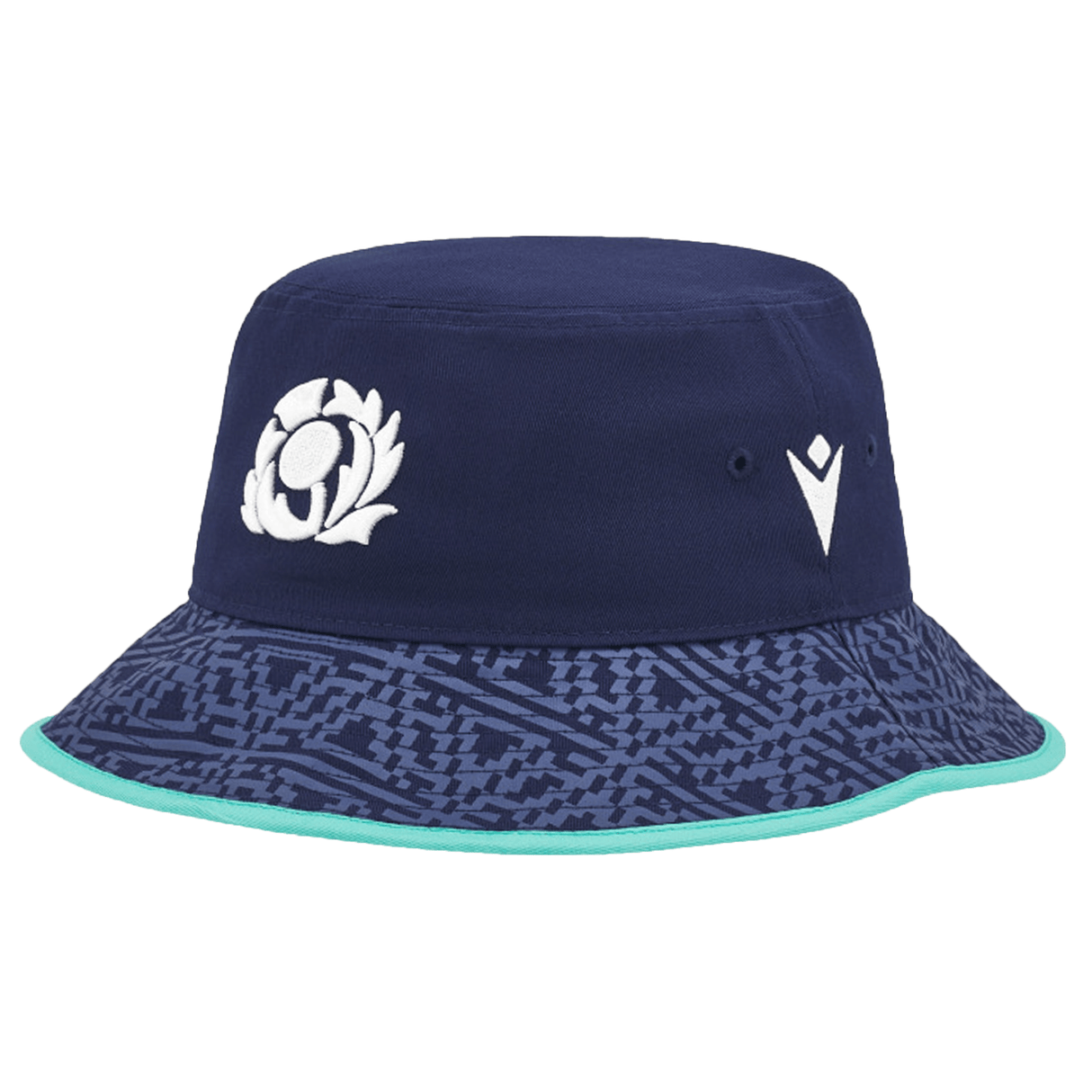 The Scotland Bucket Hat 24/25 by Macron is a stylish navy blue accessory featuring a patterned brim, teal trim, and two white emblems on the front, making it perfect for any Scotland Rugby Union fan.