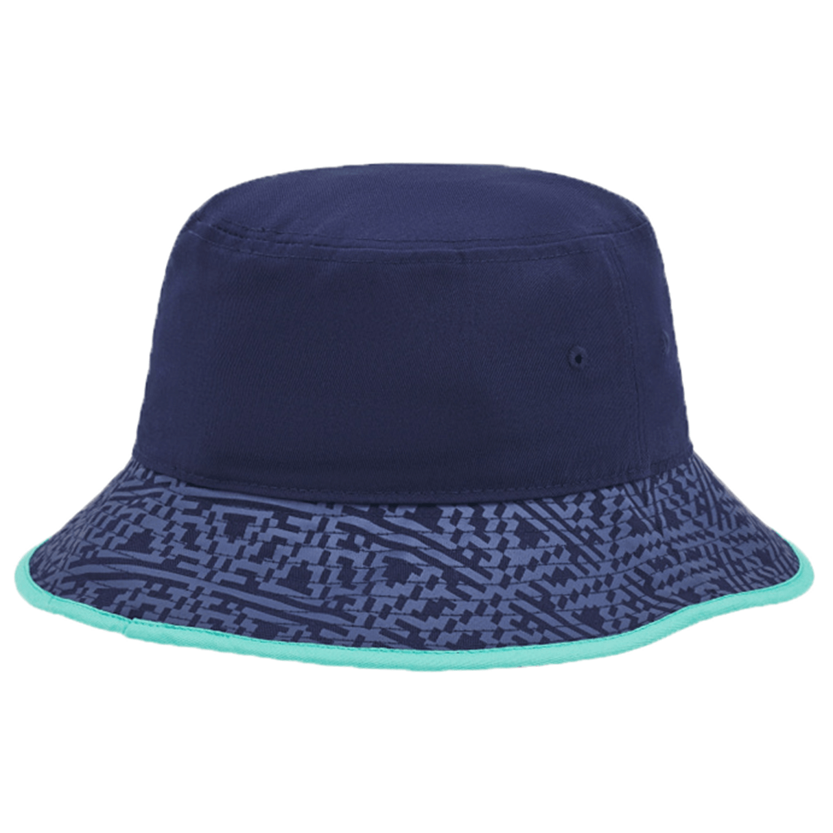 The Scotland Bucket Hat 24/25 by Macron is a navy blue accessory featuring a patterned lower brim and aqua-green trim, perfect for fans of the Scotland Rugby Union.