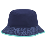 The Scotland Bucket Hat 24/25 by Macron is a navy blue accessory featuring a patterned lower brim and aqua-green trim, perfect for fans of the Scotland Rugby Union.