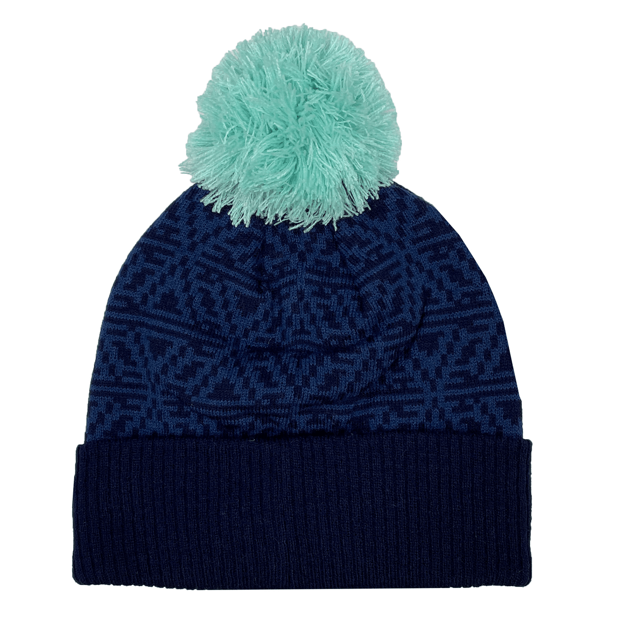 A Scotland Pom Pom Beanie 24/25 by Macron in navy blue, featuring a light blue pom-pom on top and a snowflake pattern design.