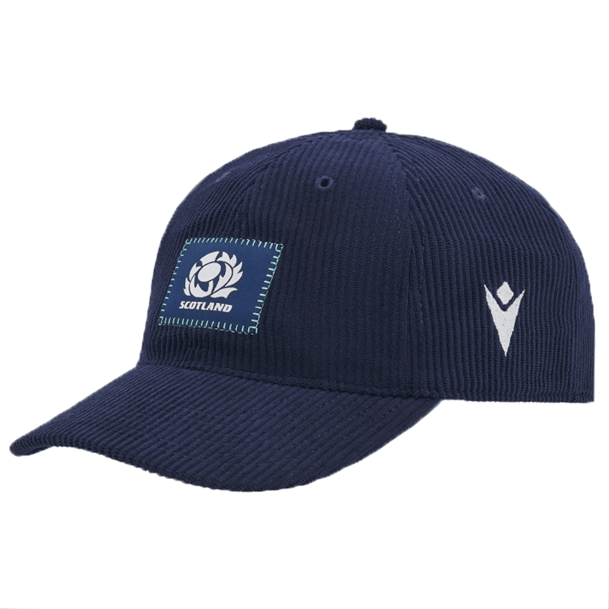 A navy blue Scotland Dad Cap 24/25 by Macron featuring the Scotland Rugby Union logo on the front and an additional emblem on the side.
