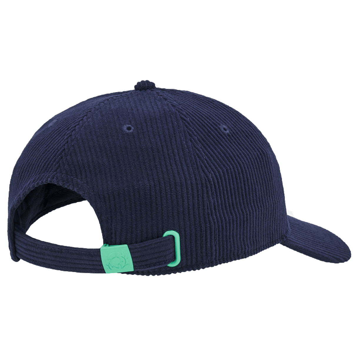The Scotland Dad Cap 24/25 by Macron, seen from the back, showcases a dark blue corduroy design with an adjustable strap that includes a green buckle.