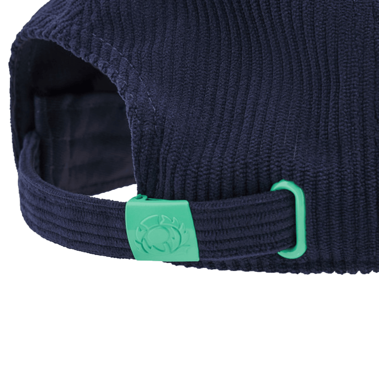 Close-up of the back of the Scotland Dad Cap 24/25 by Macron in dark blue corduroy, showcasing an adjustable strap with a green buckle featuring a crab design.