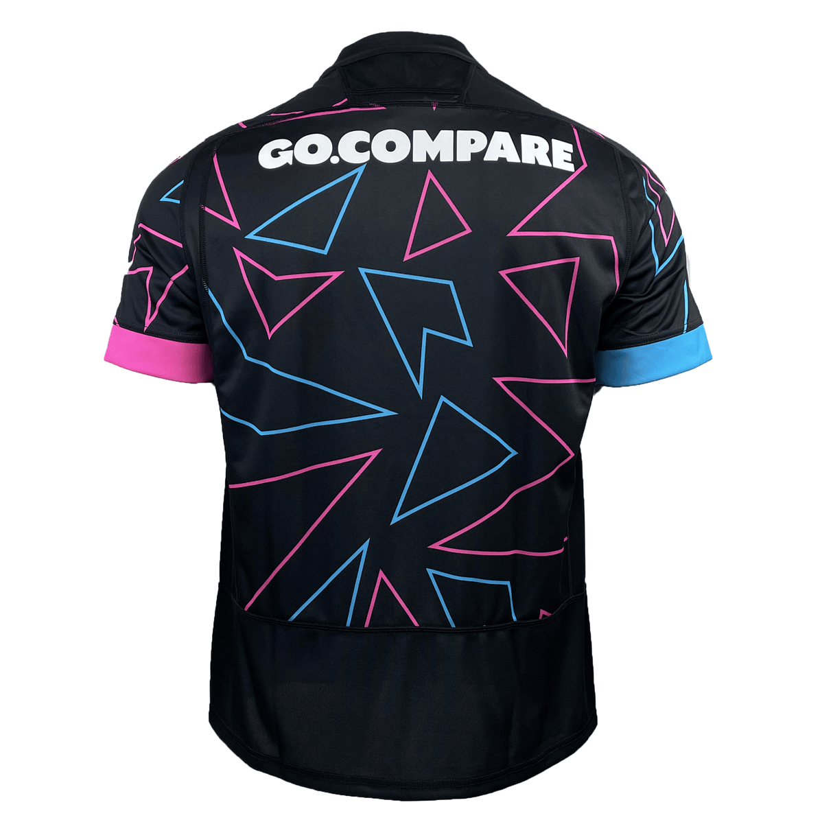 Back view of the Wales 24/25 Pathway Away Jersey by Macron, adorned with vibrant geometric patterns in pink and blue, featuring the text "GO.COMPARE" at the top. This elegant masterpiece by Macron captures the spirit of a Wales Rugby Jersey, making it a perfect addition to any fan’s collection.