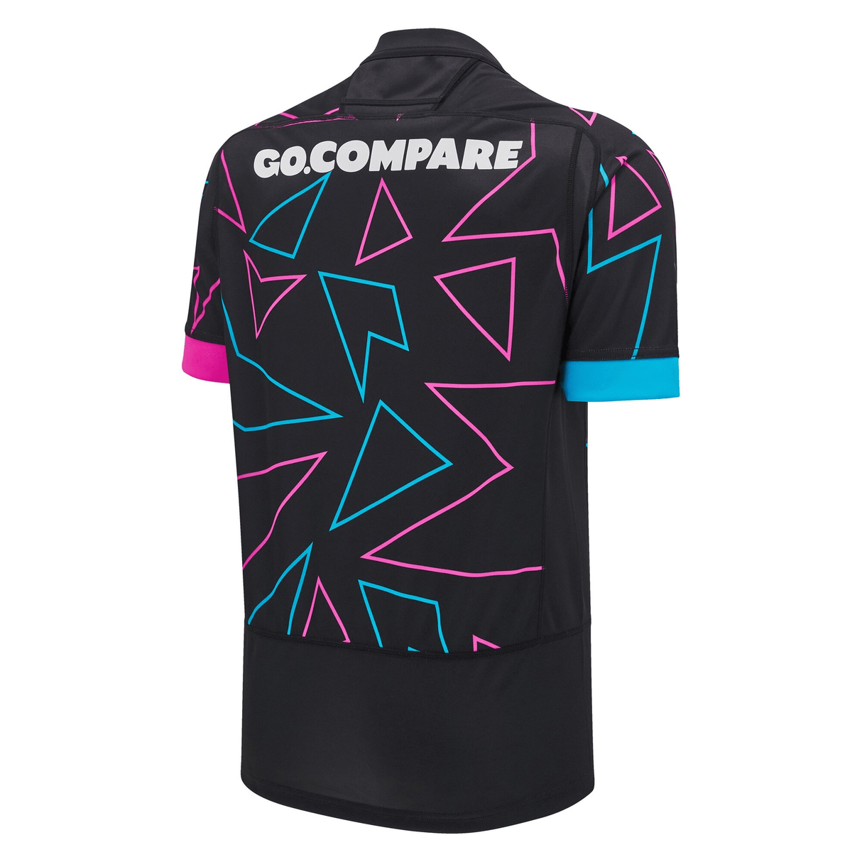 Back view of a black Wales 24/25 Pathway Away Jersey by Macron, featuring geometric pink and blue patterns with "GO.COMPARE" in white text at the top. This jersey perfectly captures the vibrant style of the 24/25 season.