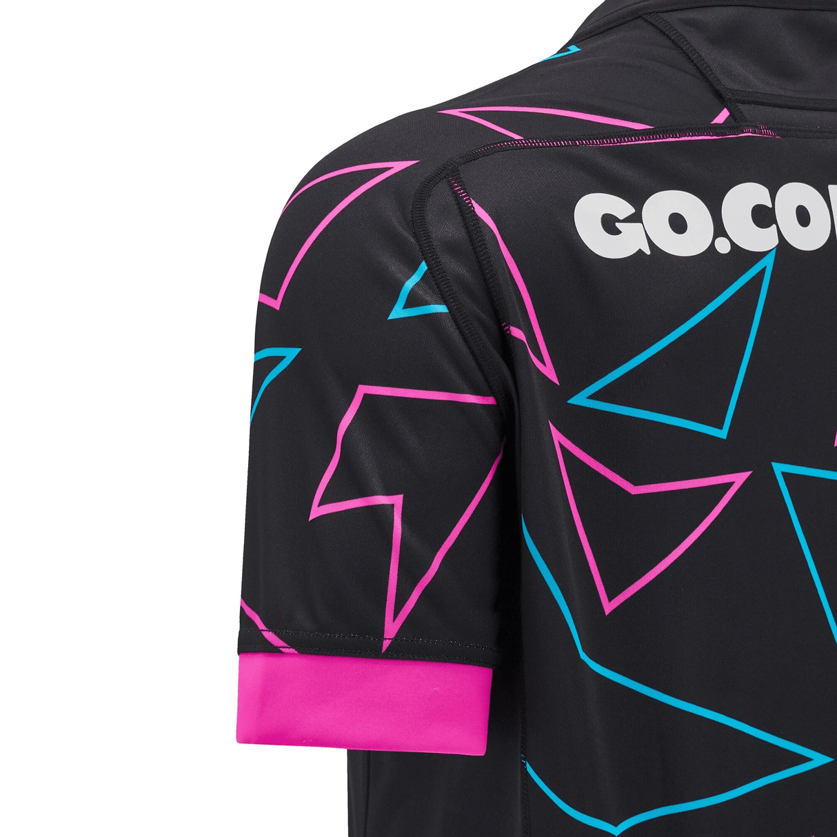 A black and pink Wales 24/25 Pathway Away Jersey with white text, crafted by Macron.