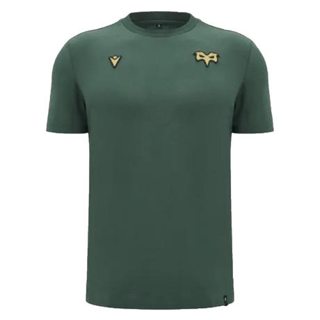 Introducing the Ospreys Rugby 24/25 Poly Cotton T-Shirt by Macron, crafted from a durable poly cotton blend and showcasing a minimalist green design with two embroidered Ospreys Rugby logos on the chest.