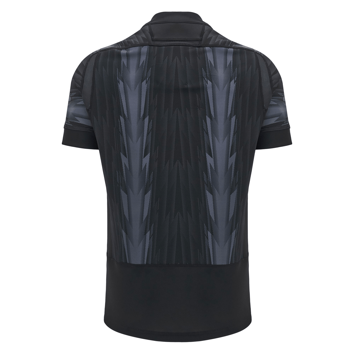 Back view of a Macron Wales 24/25 Training Jersey featuring a black and gray pattern, with short sleeves and a collar.