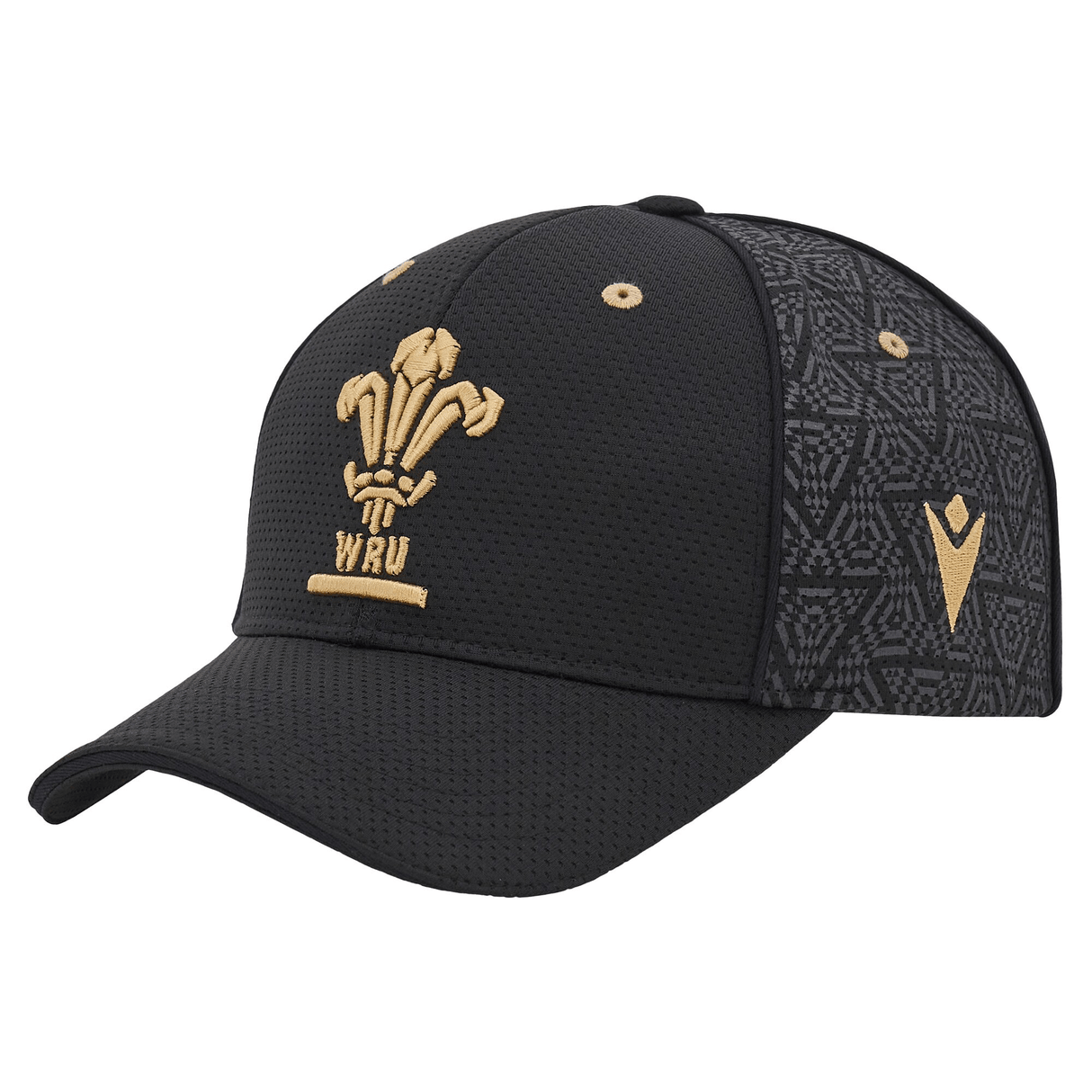 Introducing the newly released Wales 24/25 Baseball Cap by Macron—a sleek black sports cap with a gold Welsh Rugby Union emblem on the front and an eye-catching patterned design on the side.