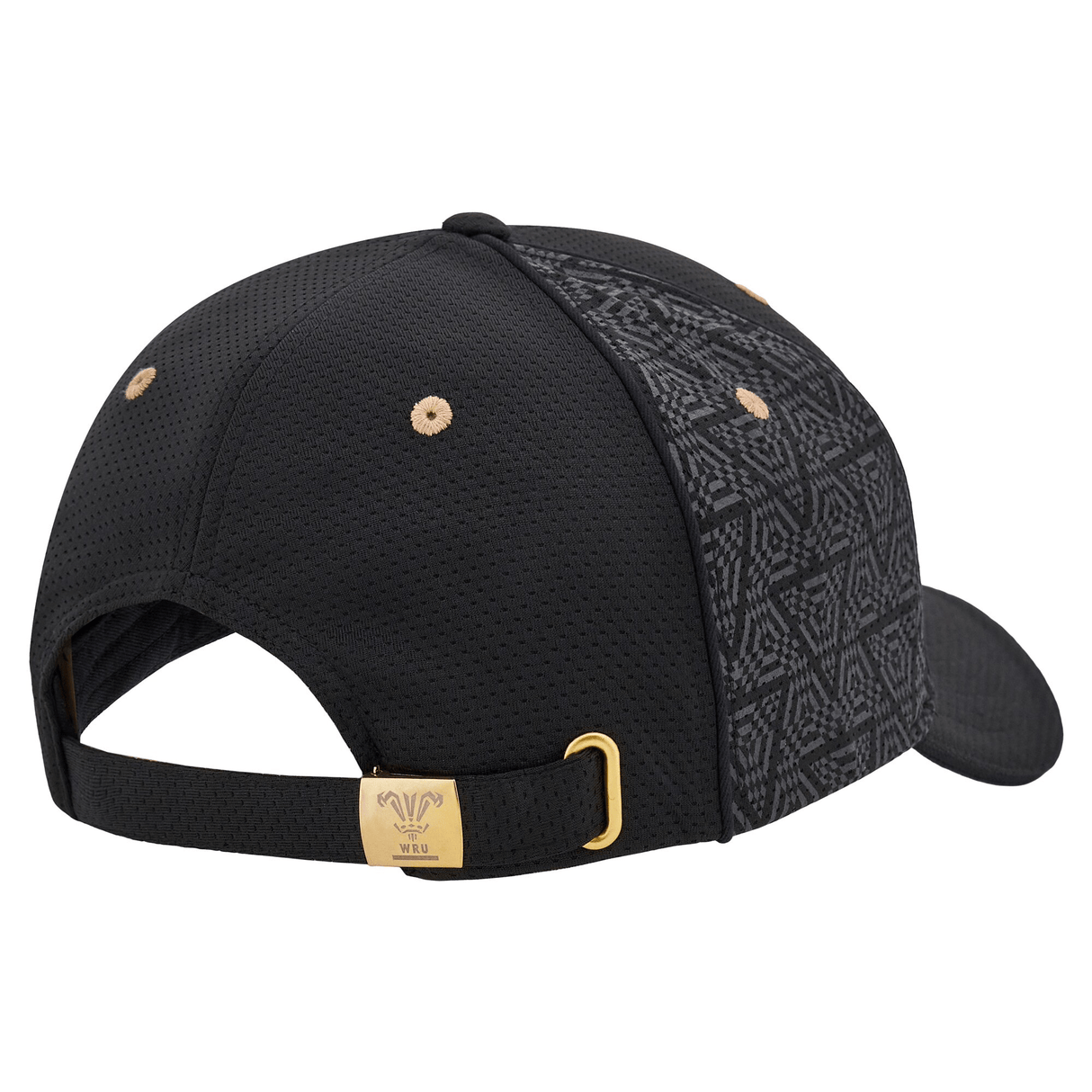 Presenting the sophisticated Wales 24/25 Baseball Cap by Macron, a black cap adorned with a geometric pattern on the side. This chic accessory from Macron's latest collection includes a gold adjustment buckle and a subtle gold logo on the strap, making it an ideal addition to elevate any ensemble.