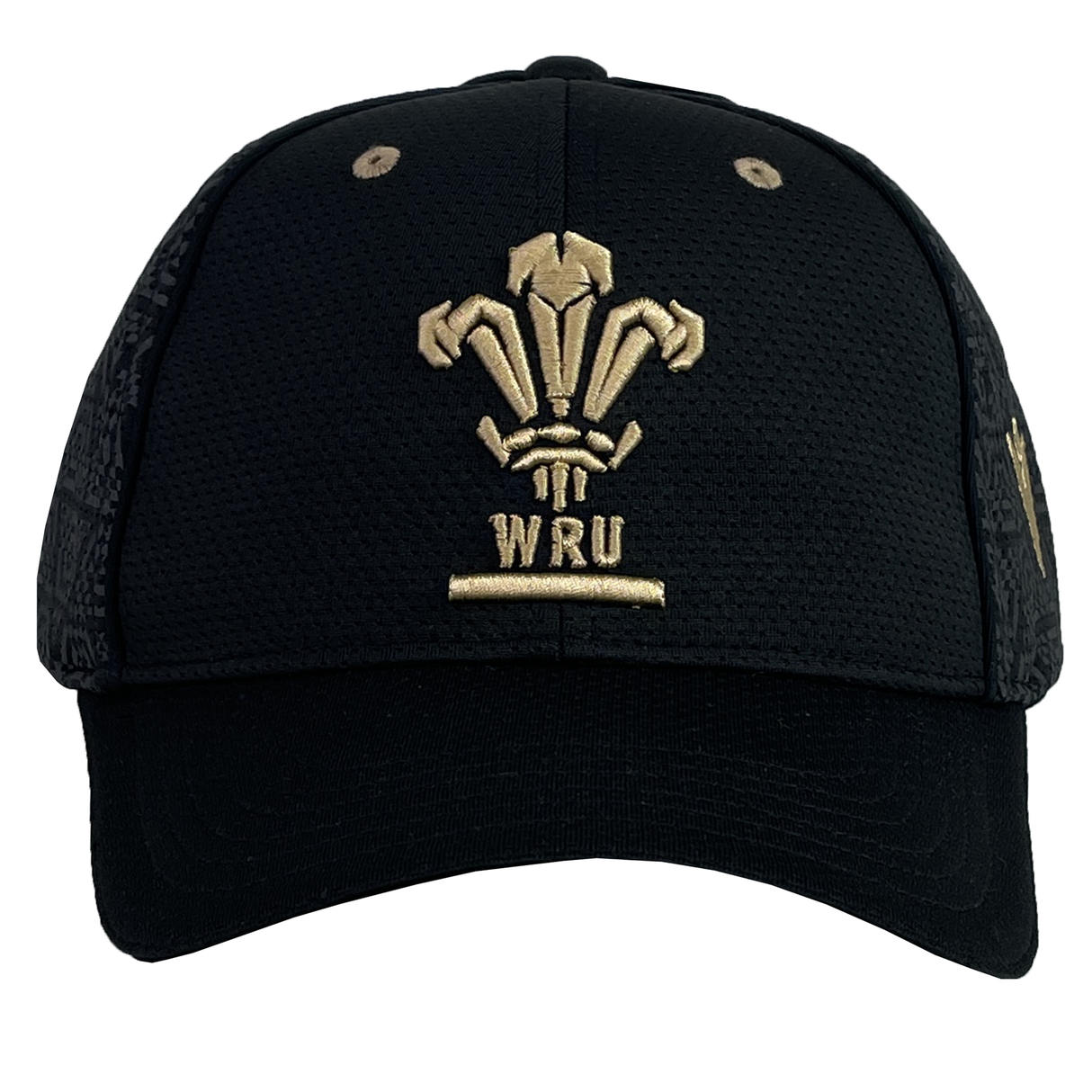 The Wales 24/25 Baseball Cap by Macron, in stylish black with a sleek gold WRU logo on the front, is designed for a sporty look.