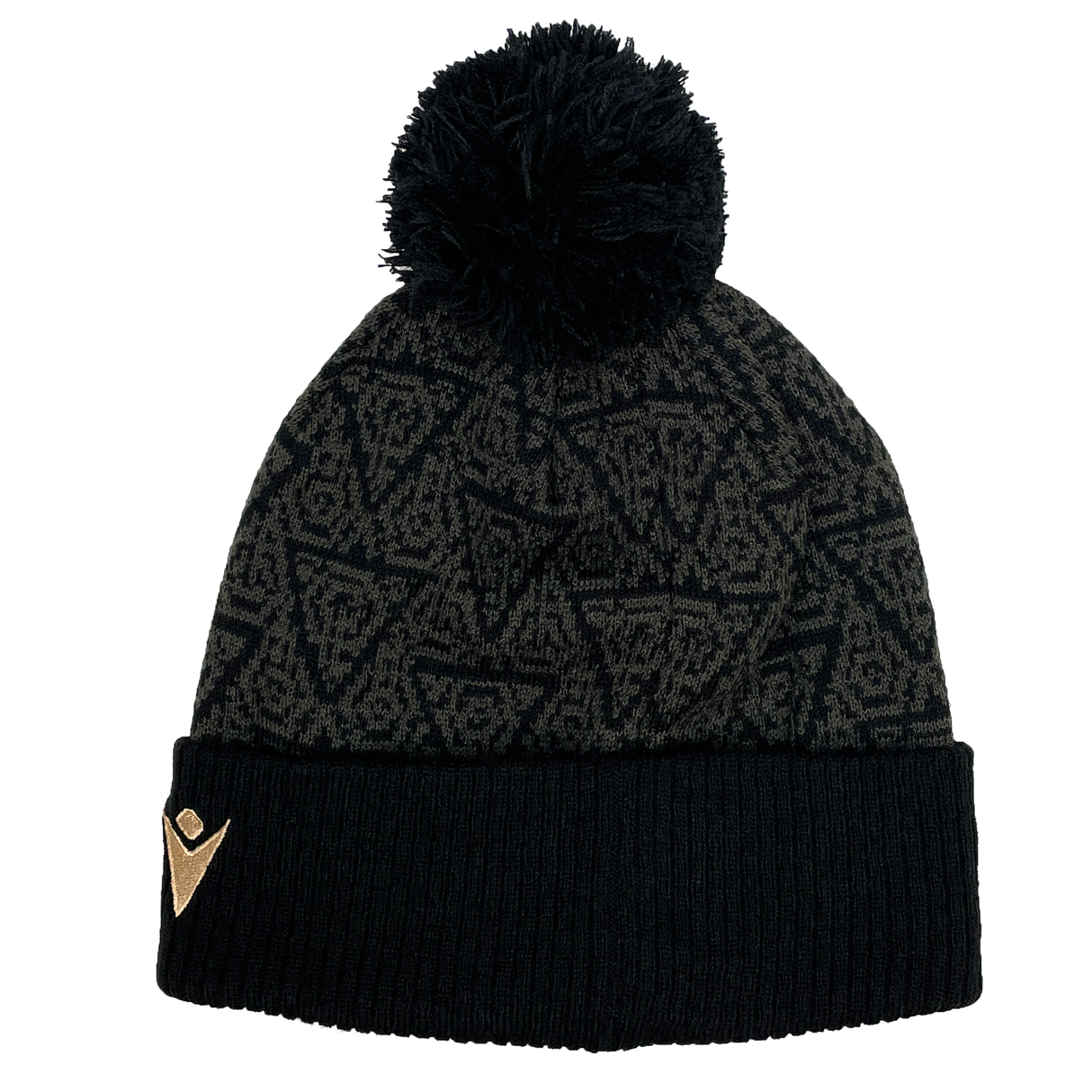 The Wales 24/25 Black Pom Pom Beanie by Macron showcases a subtle pattern and features a small WRU logo on the folded brim, making it an ideal accessory for expressing your passion for Welsh rugby.