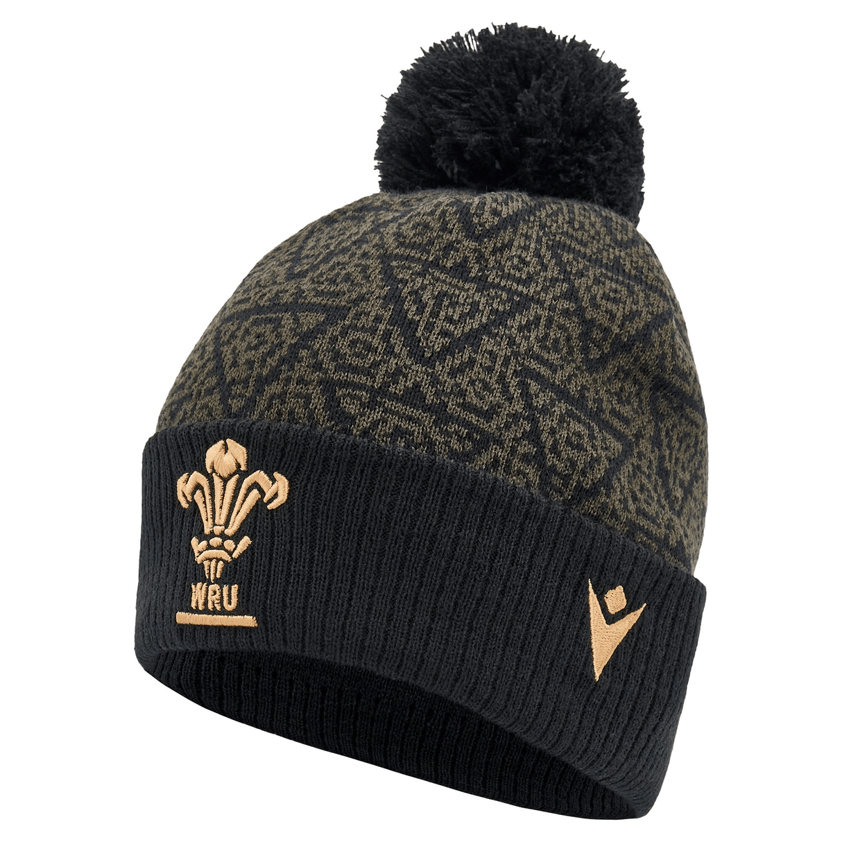 A stylish Wales 24/25 Black Pom Pom Beanie by Macron, showcasing the WRU logo, geometric patterns in black and grey, and finished with a chic black pom-pom on top.