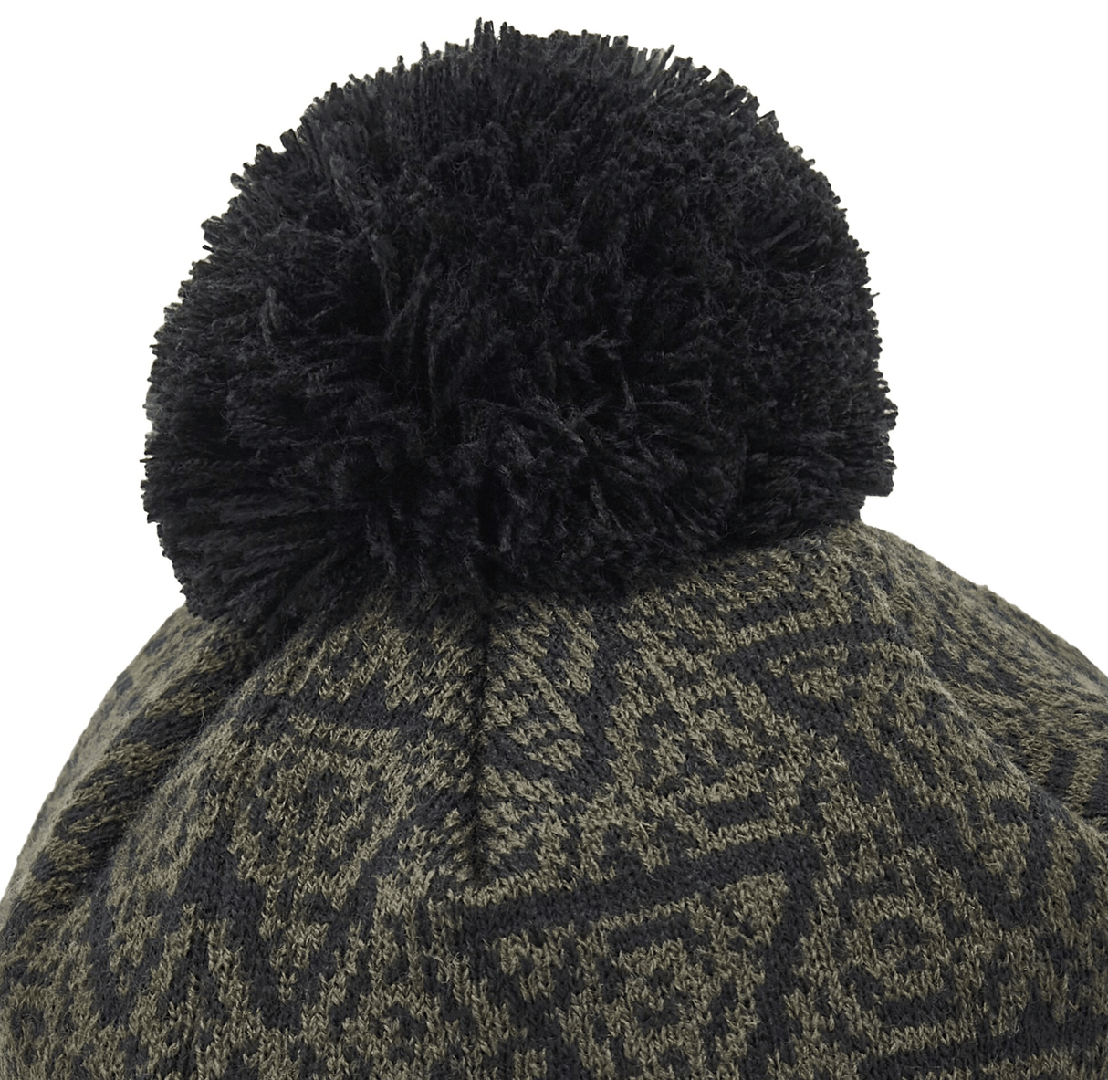 A close-up of the Wales 24/25 Black Pom Pom Beanie by Macron highlights its black pom-pom and green patterned design, making it ideal for winter warmth.