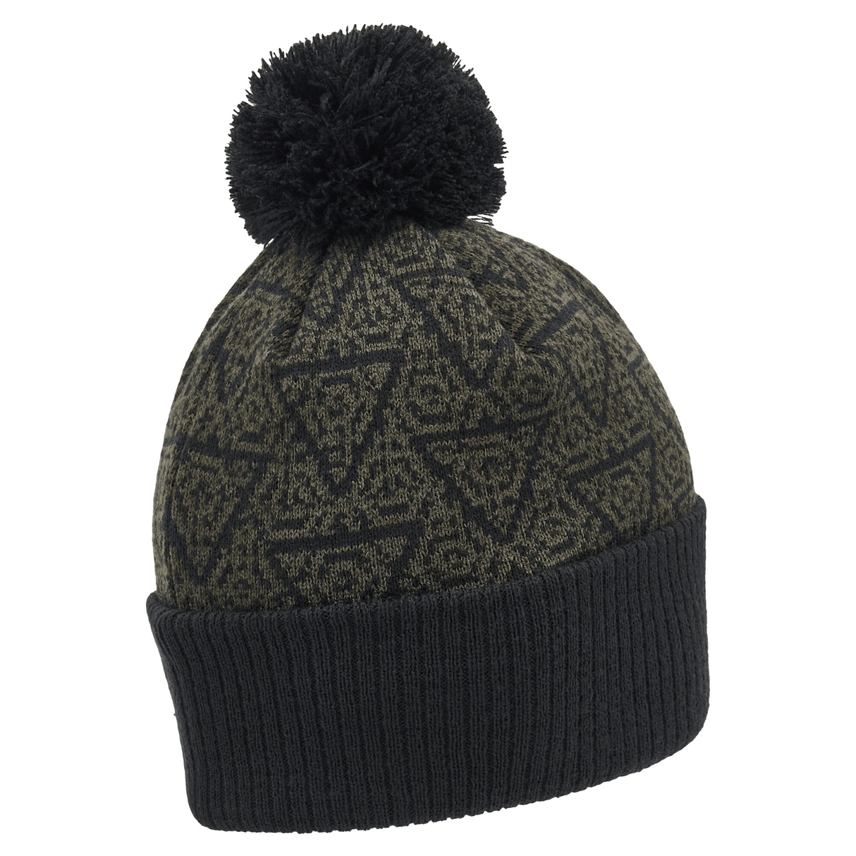 The Wales 24/25 Black Pom Pom Beanie by Macron is a knitted accessory featuring a geometric triangle pattern in dark green and black, topped with a playful black pom-pom.