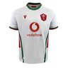This Wales 24/25 6 Nations Replica Away Jersey by Macron is designed in white with red and green accents. It prominently displays the Vodafone logo in the center and features a bold red crest with a white emblem on the left chest, perfectly crafted by Macron for rugby fans.