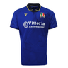 The Italy 25/26 Authentic Home Jersey by Macron features a blue design with a black collar, gold trim, team crest, and "Vittoria Assicurazioni" sponsor logo—perfect for passionate rugby fans.