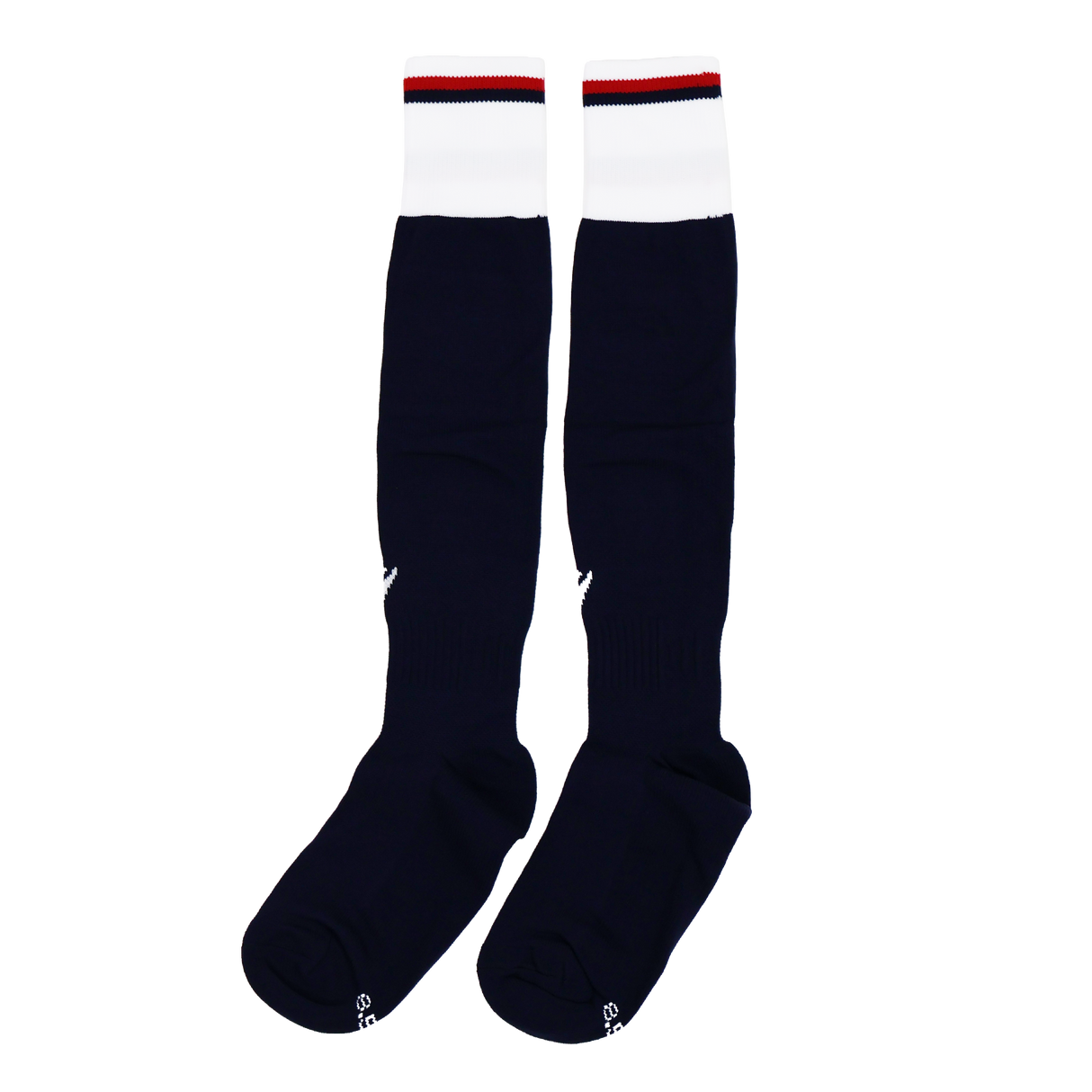 The USA Rugby 24/25 Player Home Socks by Macron are black knee-high rugby socks featuring white cuffs and a thin red stripe near the top, displayed on a plain white background.