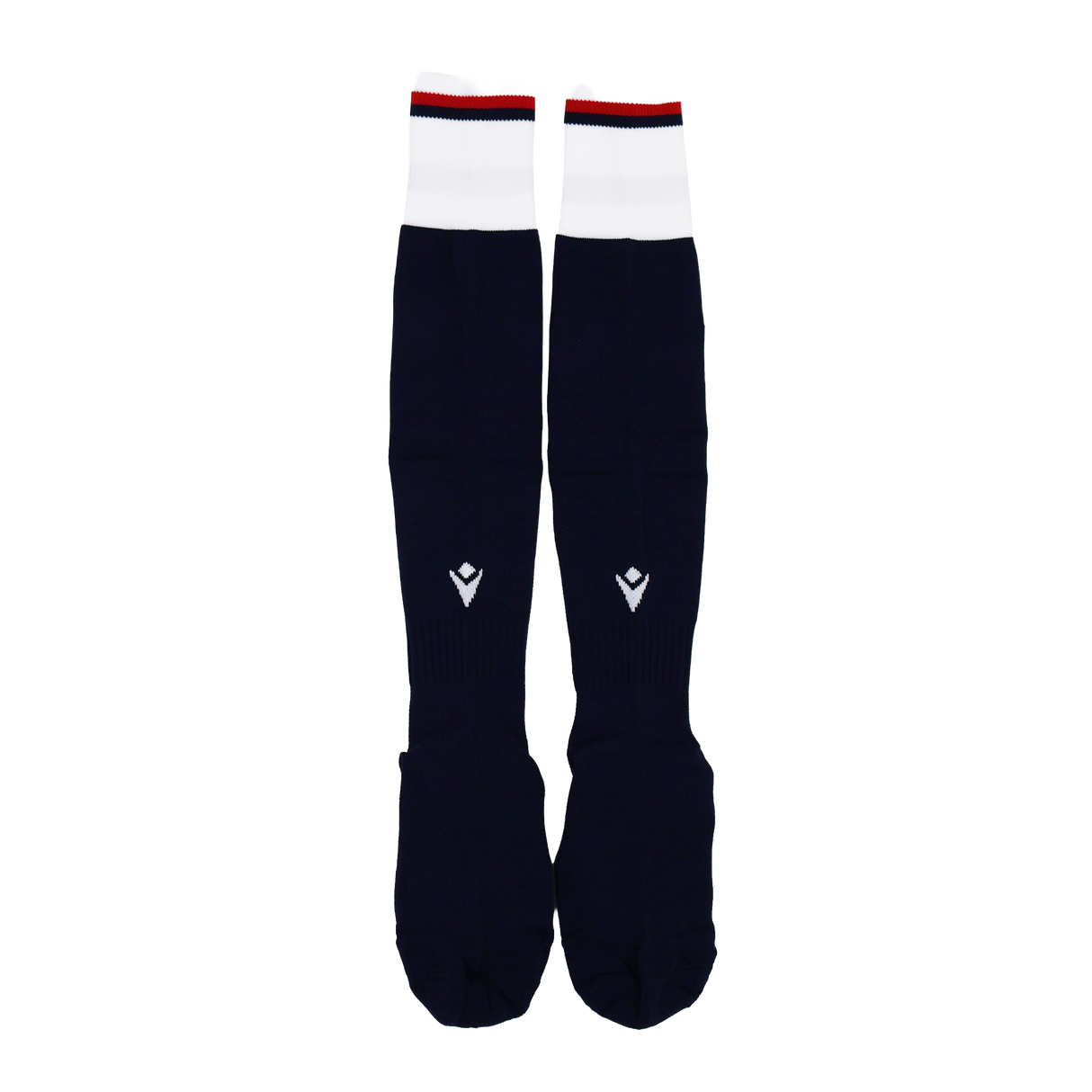 The USA Rugby 24/25 Player Home Socks by Macron are long, navy rugby socks with white cuffs, small red accents, and a geometric logo on the shin.
