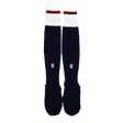 The Youth USA Rugby 24/25 Player Home Socks by Macron are long, navy blue socks with white cuffs, red trim, and a small white logo on each.