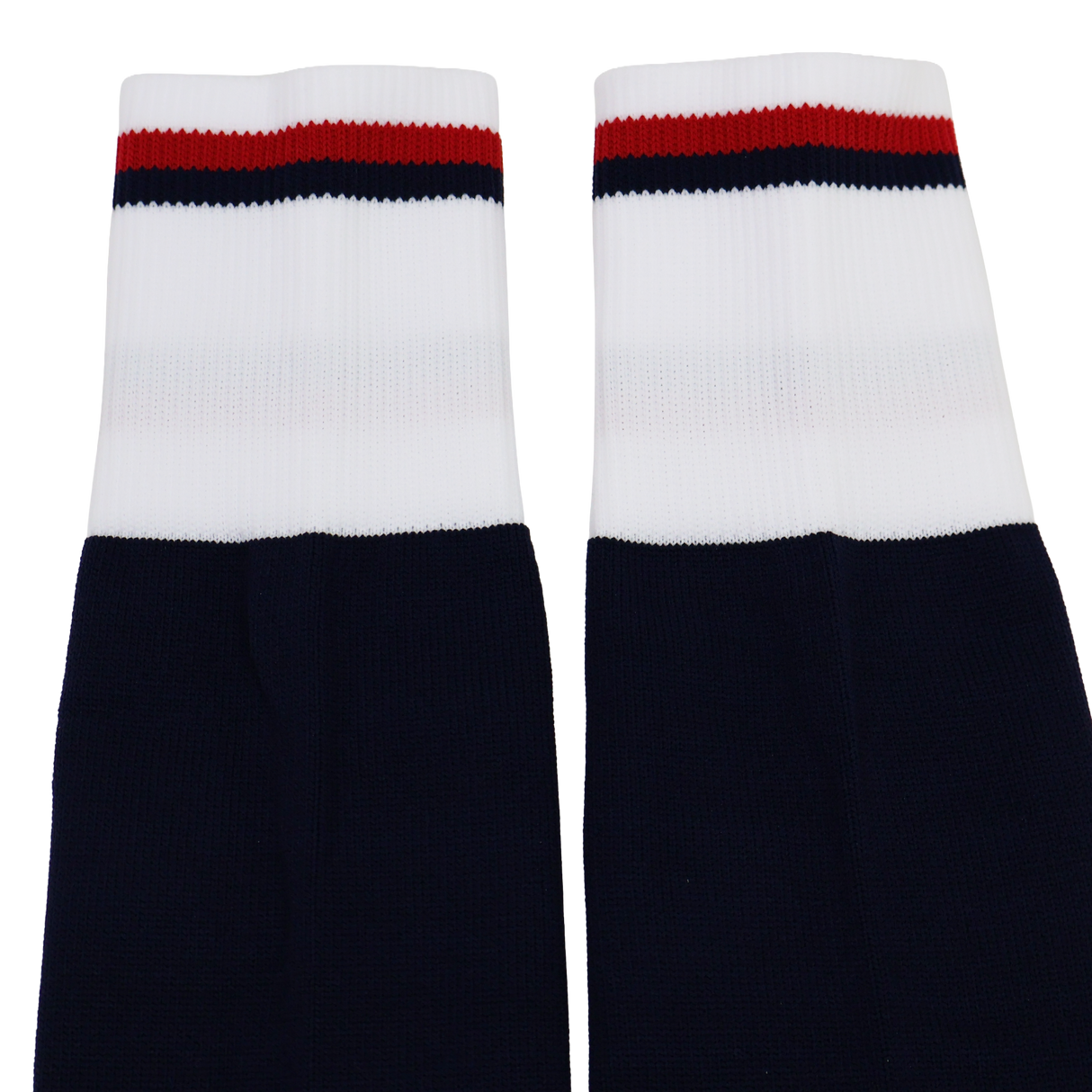 The USA Rugby 24/25 Player Home Socks by Macron feature navy blue with white cuffs and red and black stripes, inspired by classic USA Rugby home socks and designed for top player performance.